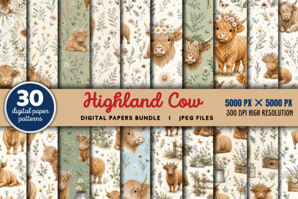 Download Highland Cow Daisies Background Bundle - Background Collection