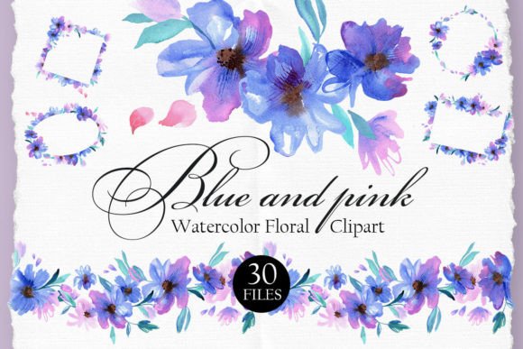 Download Blue and Pink Watercolor Floral Clipart - Floral clipart Collection